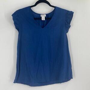 Nicole Miller Linen Boxy Ruffle Cap Sleeve Royal Blue Coastal Beach Women’s Lg
